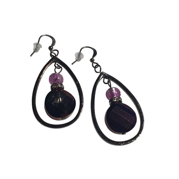 Black Metal Crystal Purple Teardrop Beaded Earrings Hook Formal Gift Fashion - Picture 1 of 4